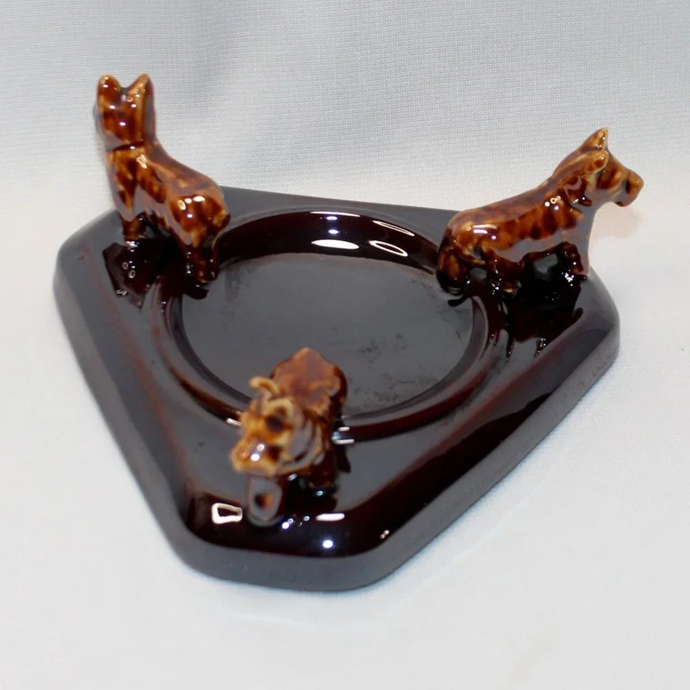 Vintage Trio Brown Scottish Terrier Dogs Ceramic Trinket Dish